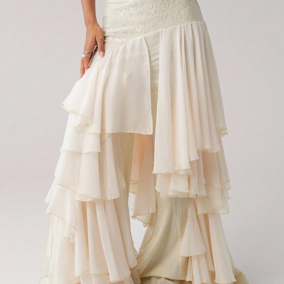 Beige Asymmetrical Party Women's Chiffon Ruffle Patchwork Loose Hem Pants - Picture 6 of 6